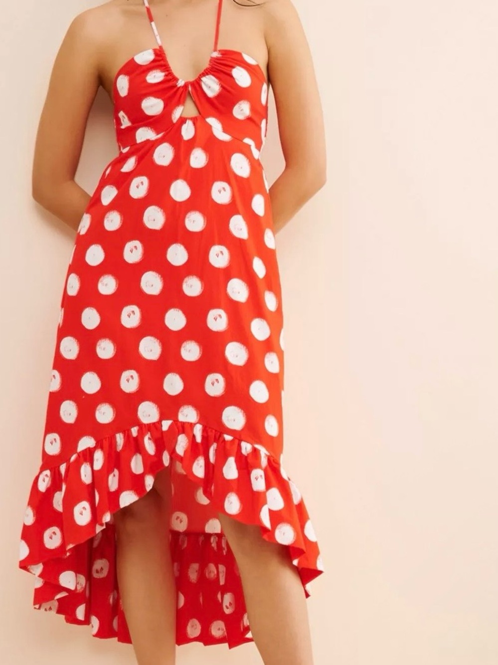 Plenty by Tracy Reese Halter Sz XS Red Orange Polka Dot High-Low Sundress Dress